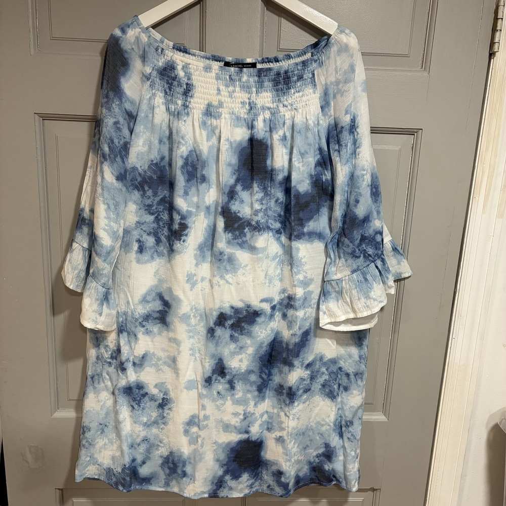 Zac & Rachel Women Dress Plus Size 1X Blue Dye Ruffle Sleeves Smocked Detail